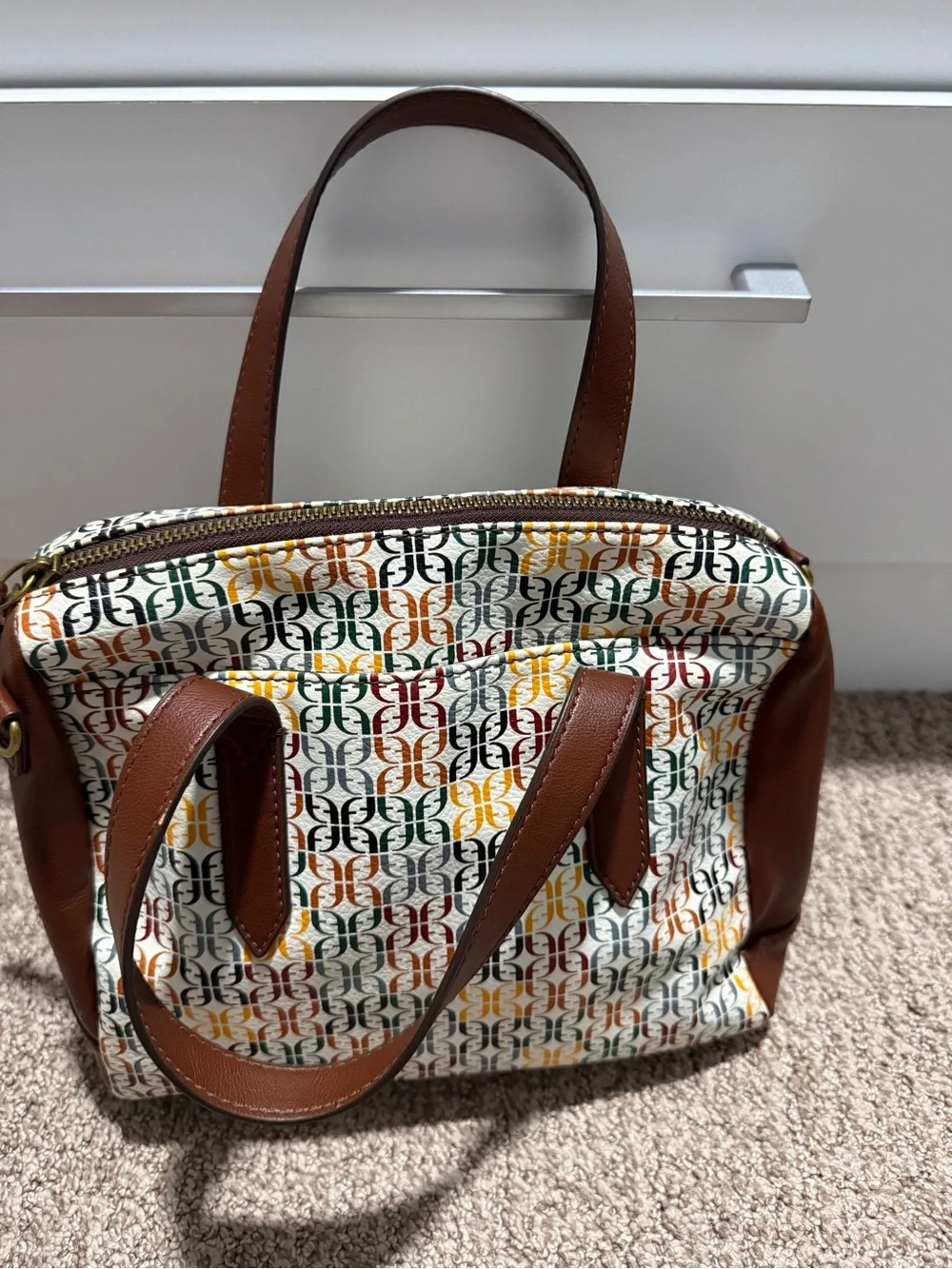 Fossil Multicolor Logo Satchel with Brown Trim